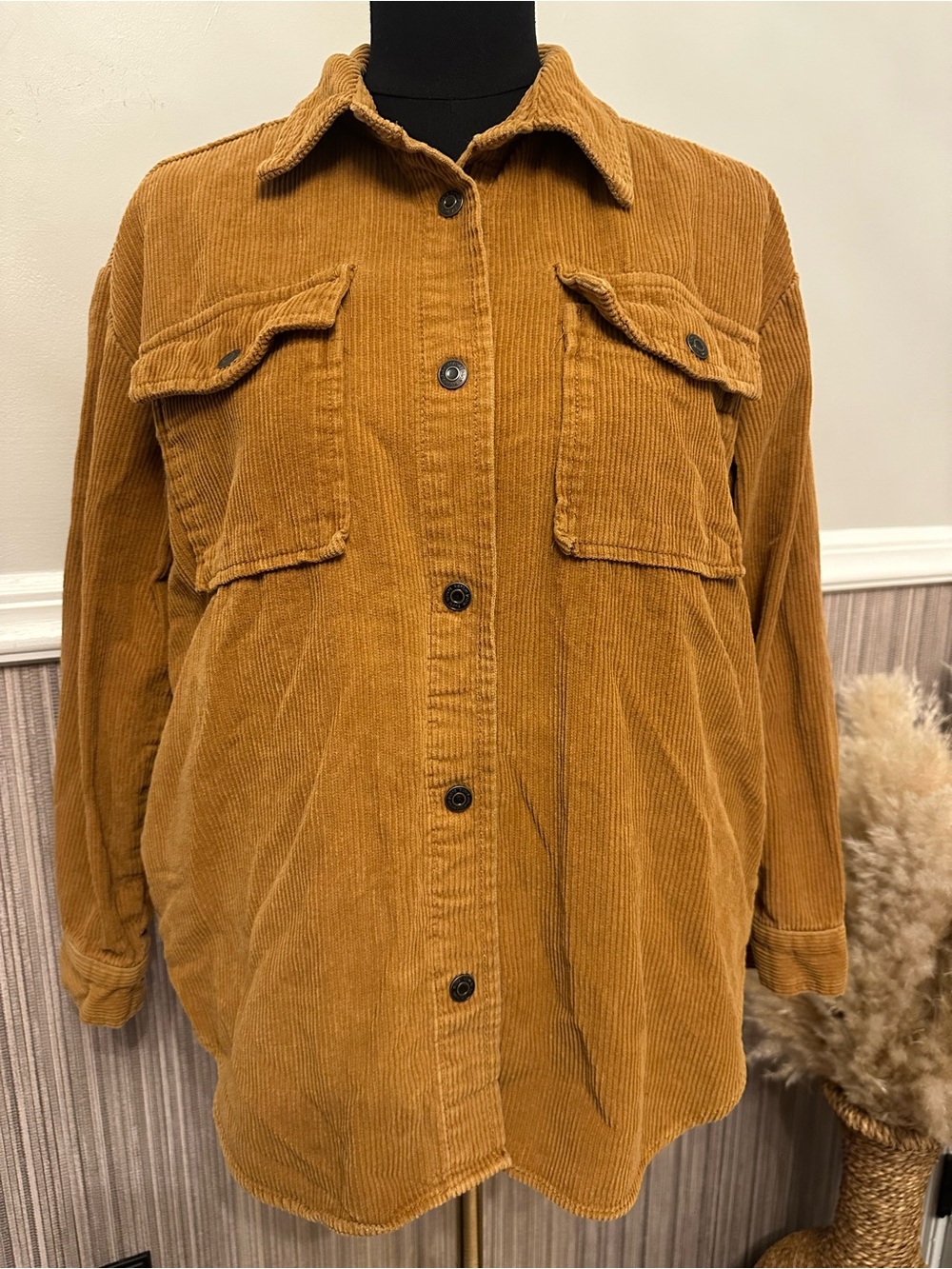 Kensie Jeans Corduroy Shacket Small Camel Brown Oversized Button Front